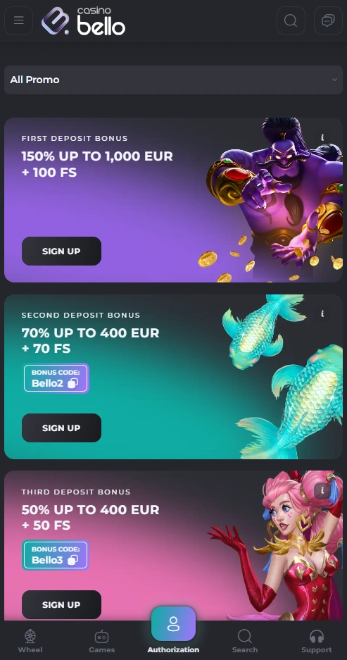 casinobello mobile bonuses page
