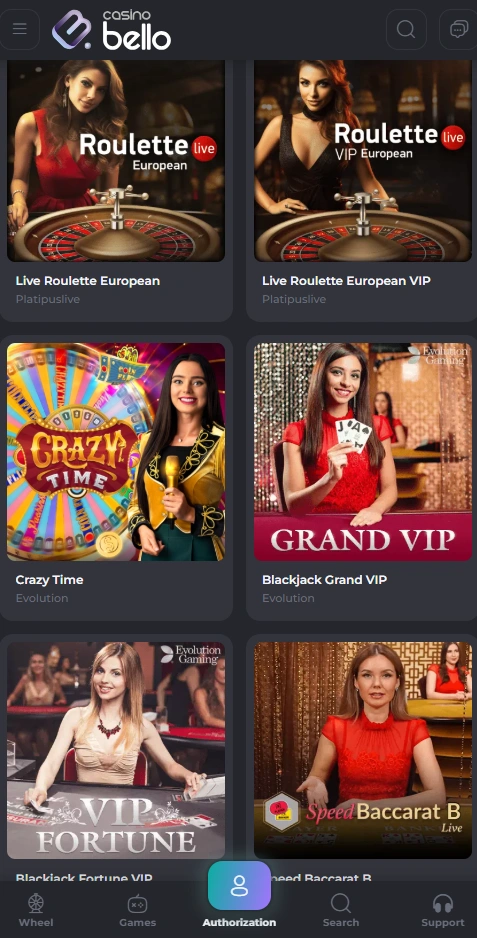 casinobello mobile games page